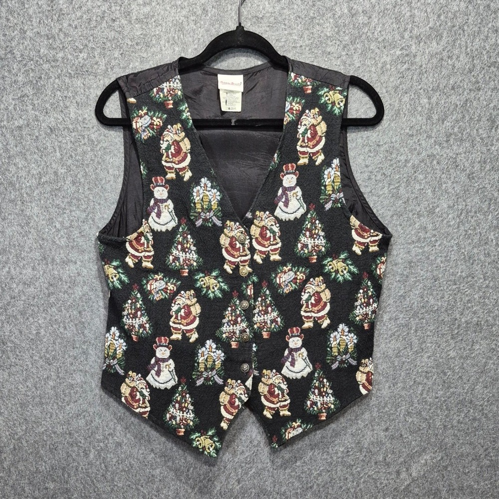 Vtg 90s Bobbie Brooks Christmas Tapestry Vest M Kitschy Holiday Winter 1990s